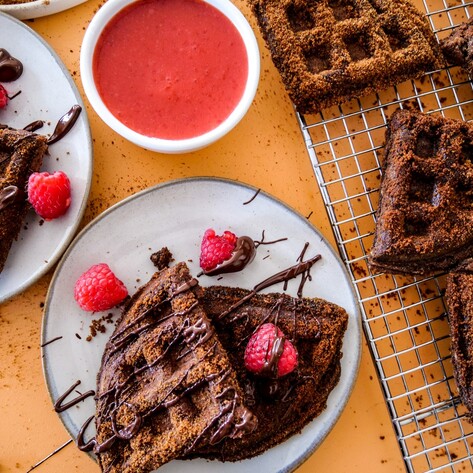 Vegan and Gluten-Free Chocolate Churro Waffles With Strawberry Sauce